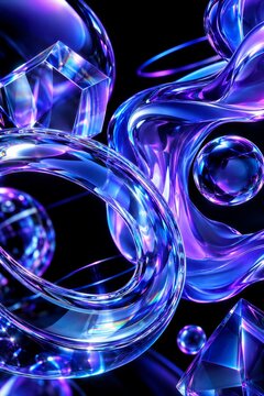 Cyber Elements of Transparent Glass and Liquid Acrylic with Purple Blue Glow, creating a Futuristic Holographic Abstract Geometric Design.