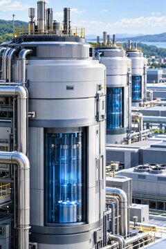 Small Modular Nuclear Reactors (SMR) on an Industrial Site, Showcasing Clean Energy, Energy Security, and Innovative Future Nuclear Technologies.
