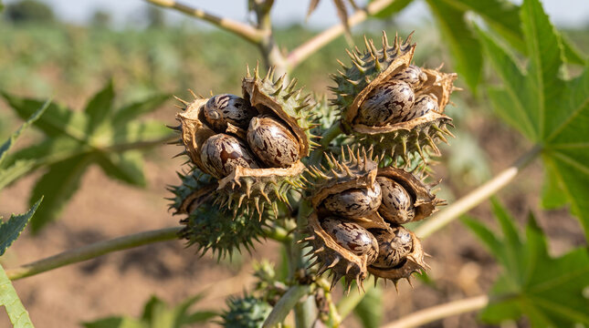 Close-up of castor bean seeds inside a mature pod, illustrating castor oil production, oilseed agriculture, industrial plant resources and bioeconomy.