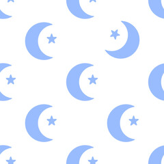 Seamless pattern of crescent moons and stars, night sky background, light blue © 青葉れな