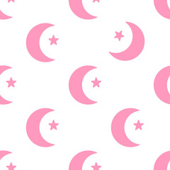 Seamless pattern of crescent moons and stars, night sky background, pink © 青葉れな