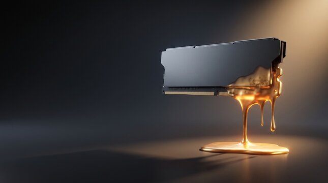 A sleek, dark computer component, possibly a RAM stick or GPU, with molten gold dripping from its base onto a reflective surface, illuminated by a dramatic spotlight.
