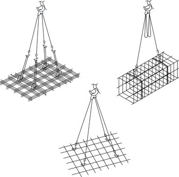 Technical vector illustration of industrial lifting equipment, heavy steel reinforcement mesh sheets, rebar grids, and pre-fabricated wire cages suspended by rigging cables and overhead hoisting hooks
