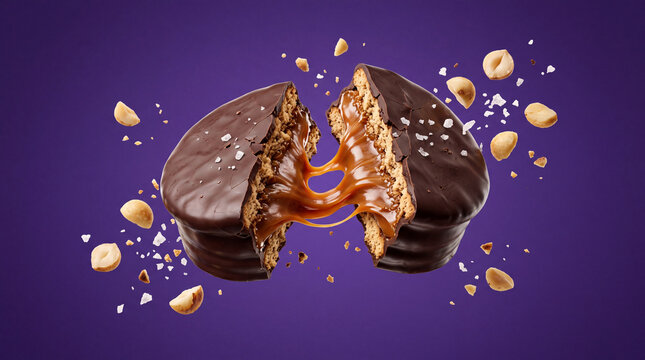 chocolate covered cookie broken in half with gooey caramel pull and flying hazelnuts