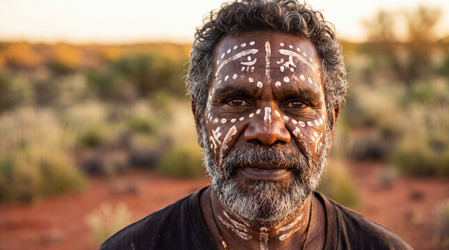 portrait of a mature indigenous australian man with traditional white face paint in the outback
