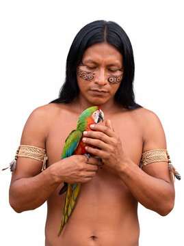 indigenous man with traditional face paint holding a colorful macaw parrot isolated on white background