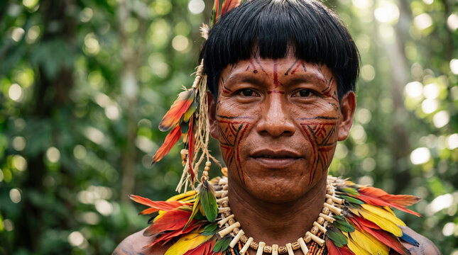 portrait of an indigenous man with traditional face paint and feather accessories in a tropical rainforest