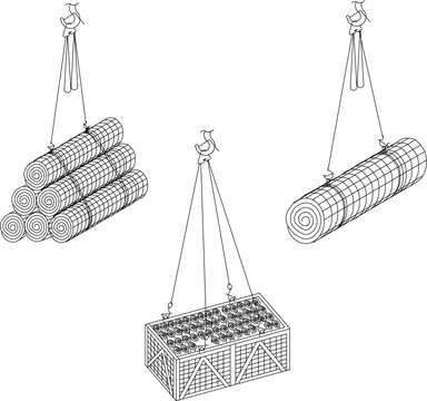 Technical vector illustration of industrial lifting equipment, bundled rolled wire mesh or fabric rolls, and packed crates suspended by rigging cables and overhead hoisting hooks in multi-angle 