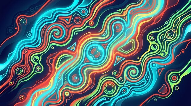 Dynamic digital pattern with glowing neon waves, vibrant multicolored lines, swirls, and abstract shapes against a dark futuristic background.