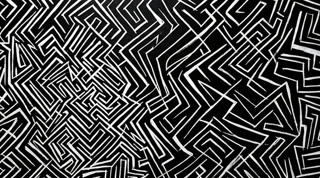 A high contrast monochromatic background featuring an intricate, hand drawn style maze of sharp, angular zigzag lines creating a complex geometric texture.