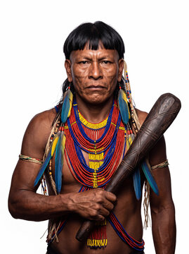 portrait of an indigenous south american man in traditional tribal attire holding a wooden club isolated on white background
