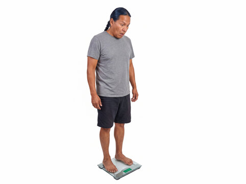 surprised indigenous man standing on digital bathroom scale on white isolated on white background