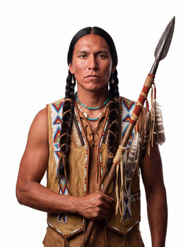 indigenous native american man in traditional beaded leather vest holding a feathered spear isolated on white background