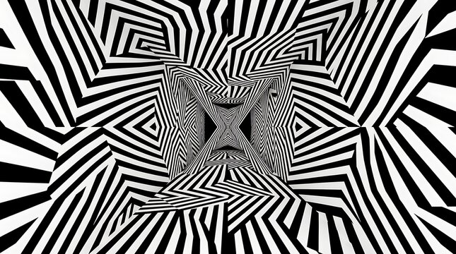 A hypnotic black and white graphic design featuring a complex, distorted geometric pattern that creates a deep, immersive tunnel like optical illusion.