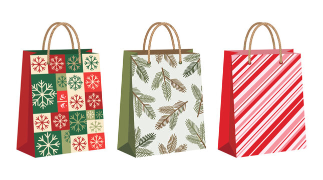 Christmas gift bags: A trio of festive paper gift bags, adorned with classic Christmas motifs like snowflakes, pine needles, and candy canes, ready for holiday presents.