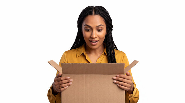 surprised young black woman opening a cardboard box isolated on white background