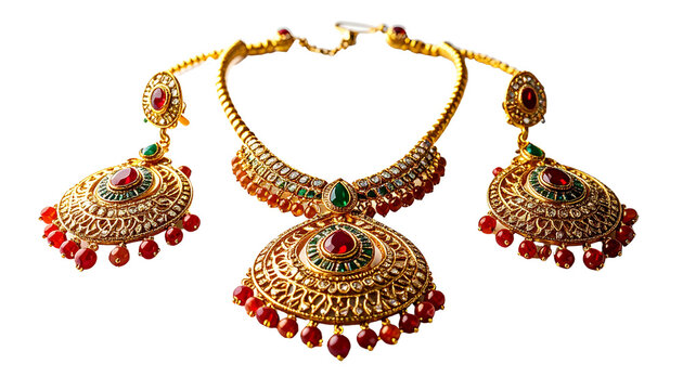 Traditional Indian bridal jewelry set featuring an ornate gold necklace and matching jhumka earrings. The jewelry is intricately crafted with detailed gold filigree, adornenecklace on white background