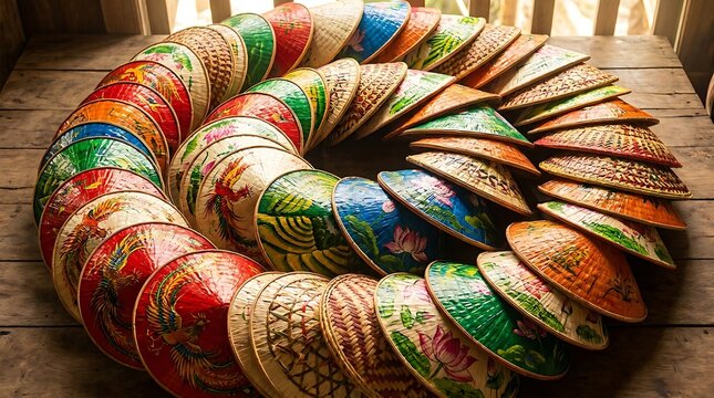 A top down view of numerous colorful, hand painted conical hats arranged in a large circle on a rustic wooden table.