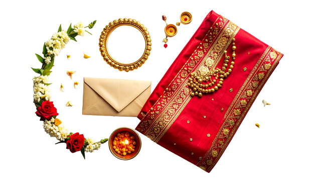 Flat lay composition of traditional Indian bridal elements featuring a luxurious red silk saree with intricate golden embroidery, ornate gold jewelry including a necklace and bangleschristmas gift box