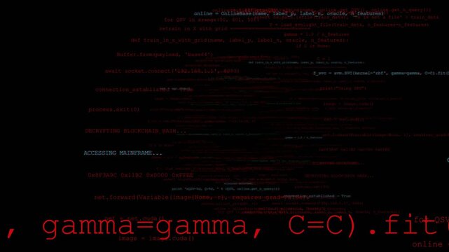 Computer Code Lines Scrolling on Dark Screen with Red Glitch Effect and Hacker Terminal Text for Cyber Security Background