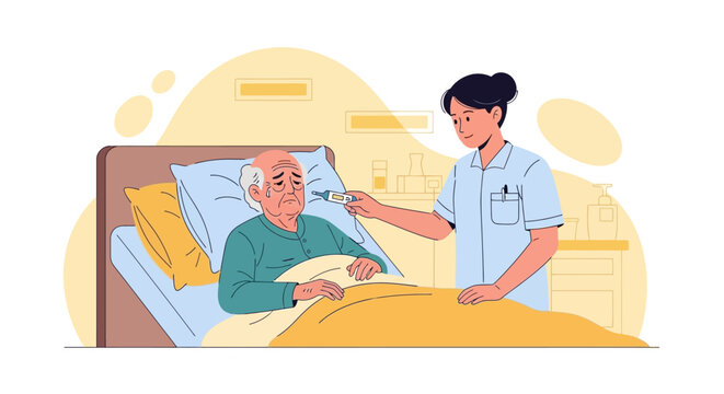 Caring Nurse Measures Temperature Of Elderly Patient In Hospital Bed