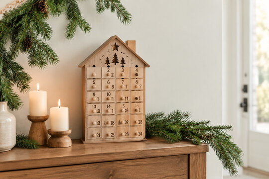 Wooden advent calendar and candles with evergreen branches, holiday tradition concept