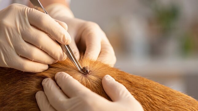 Close view of gloved hands safely extracting a tick from a dog's fur