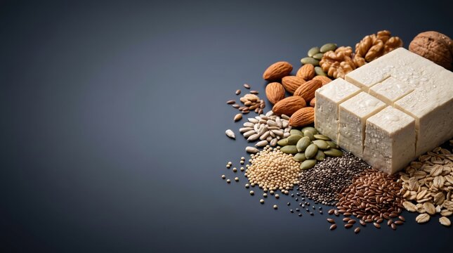 Plant protein selection with tofu nuts seeds and grains arranged on a dark background