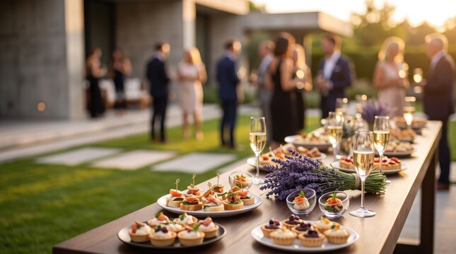 Elegant outdoor reception buffet with gourmet canapes and champagne at a private event