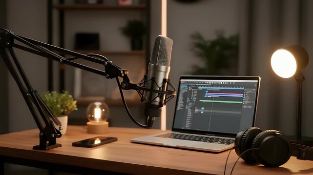 Modern home studio setup for podcasting and music production with professional microphone, laptop, and headphones ready for creative audio work.