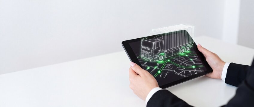 Businesswoman holding a tablet displaying a digital truck and map for logistics tracking