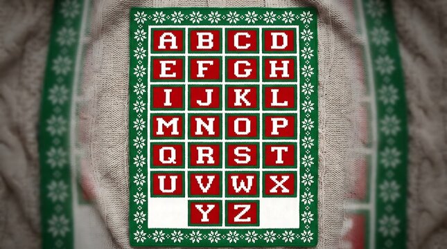 A green knitted blanket featuring a grid of red squares, each containing a white letter of the alphabet from A to Z, surrounded by snowflake patterns.