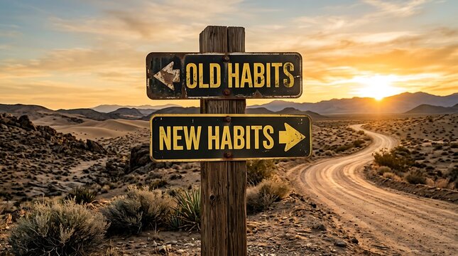 A wooden signpost at sunset with two signs pointing in opposite directions, one labeled Old Habits and the other New Habits.