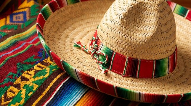 A close up of a classic straw sombrero featuring a decorative red, green, and white woven band, placed on a traditional colorful Mexican blanket.