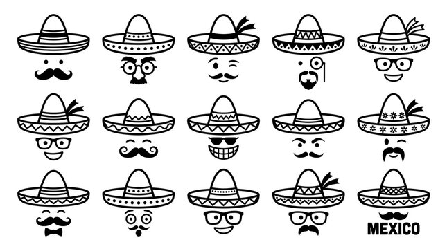 A collection of fifteen vector style icons showing stylized faces with different mustaches, glasses, and sombreros, representing Mexican culture and festive themes.