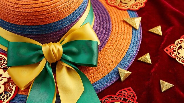 A vibrant, multi colored woven straw hat featuring a green and yellow ribbon bow, set against a red velvet backdrop with gold colored accents.