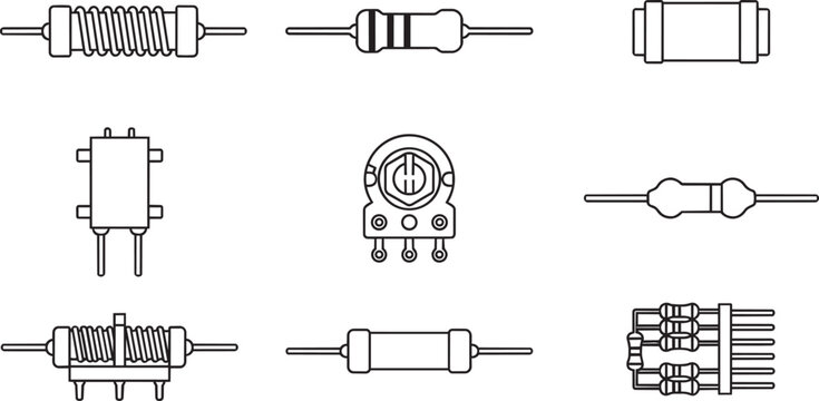 Collection of electronic resistor icons, featuring wire wound, axial, and variable potentiometer components, isolated on a white background