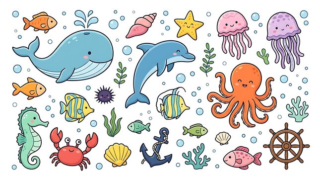 A colorful set of hand drawn vector illustrations featuring a whale, dolphin, octopus, jellyfish, crab, seahorse, fish, shells, and coral.