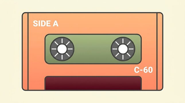 A flat vector style illustration of a classic orange audio cassette tape, representing retro music technology and analog recording media.