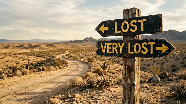A humorous wooden signpost in a vast, arid desert landscape with two signs pointing in opposite directions labeled LOST and VERY LOST.