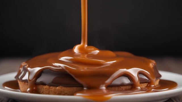 Caramel drizzling over a chocolate tart