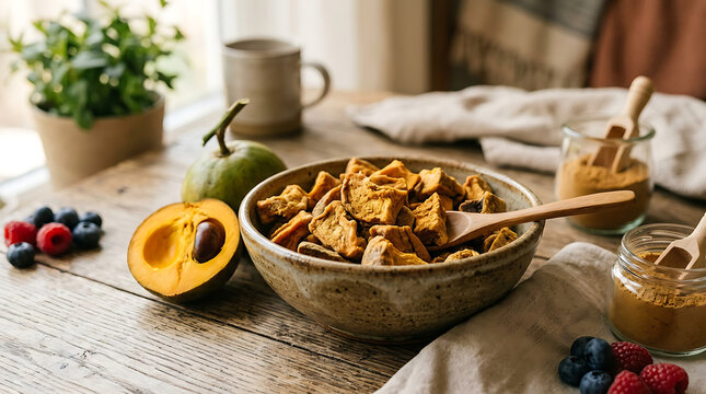 Dried lucuma fruit slices in bowl with fresh fruit and superfood powder