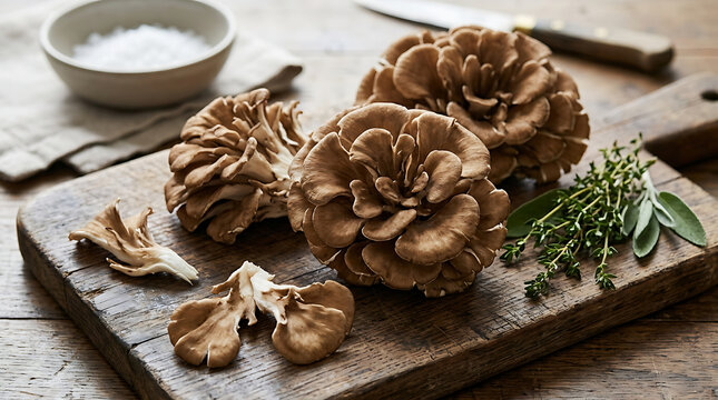 Fresh maitake mushrooms on a rustic wooden cutting board with herbs