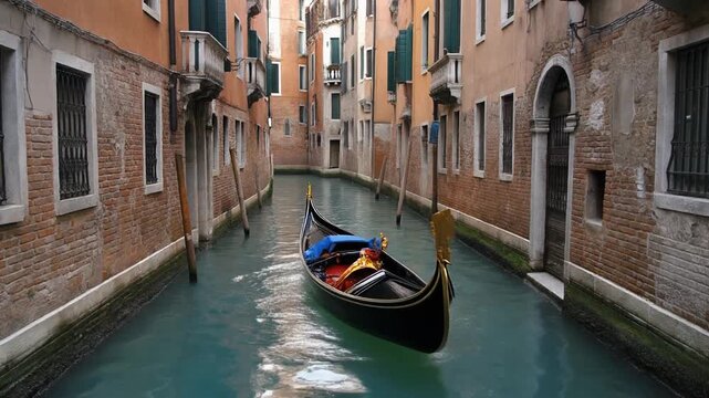 Gondola gliding along a narrow canal