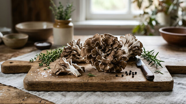 Fresh maitake mushrooms and green herbs on a rustic wooden cutting board
