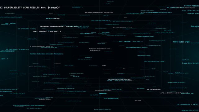 Source Code Scripts Floating in Three Dimensional Dark Cyberspace with Cyan Glowing Digital Terminal Syntax for Programming Background