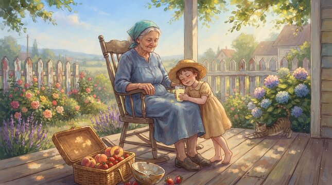 Elderly woman and young girl sitting on porch with apples and flowers, Summer holiday at grandma&rsquo;s  