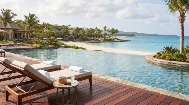 All-inclusive resort with lounge chairs by the infinity pool and ocean, travel concept 