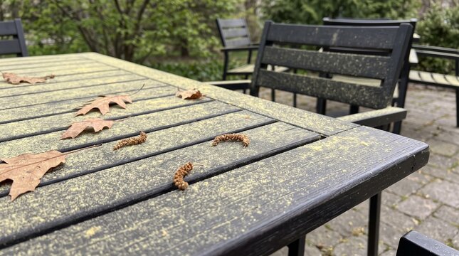 Yellow spring pollen coating outdoor patio table