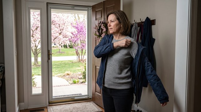 Person removing outdoor jacket in spring entryway